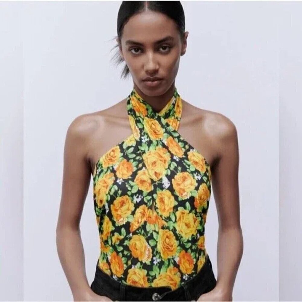 NWT Zara Twist Halter Neck Yellow Floral Bodysuit